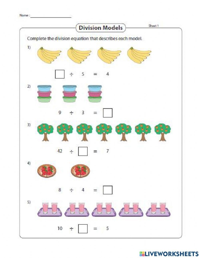 Image illustrating the concept of equal groups in division for third-grade students Worksheet for Division: Equal Groups (Part Two) featuring various objects for grouping practice
