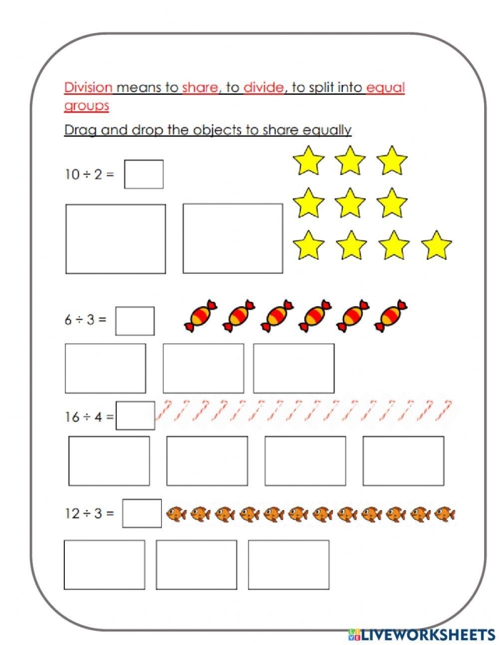 Division worksheet example showing equal groups for third graders