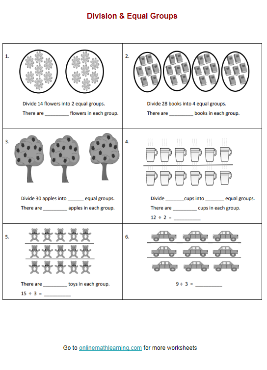 Division Equal Groups Part Two Worksheet Number Fourteen for Third Grade Earth and Space Science Third grade division worksheet featuring Earth and Space Science objects arranged for equal grouping exercises