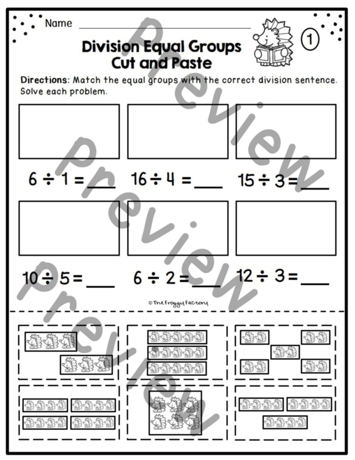 Division worksheet example for third graders focusing on equal groups, featuring a sample model. Educational image illustrating division sentences related to the drawings.