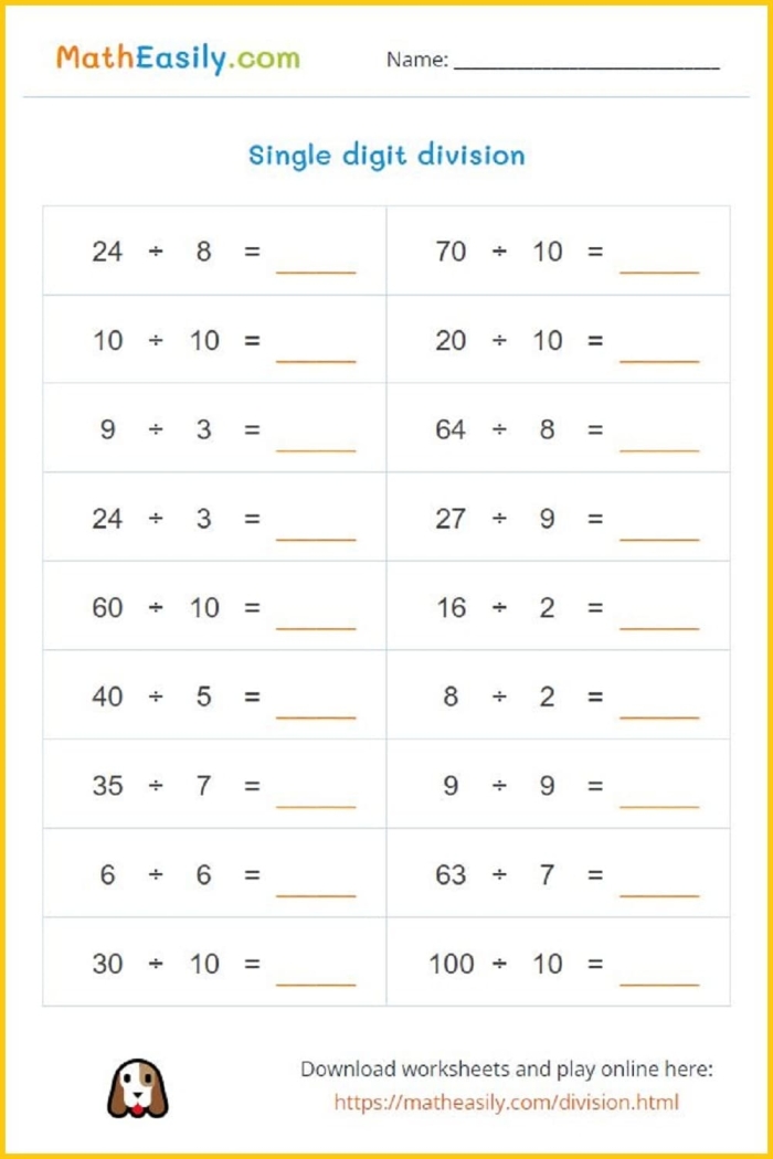 Division Puzzle worksheet for third grade students with empty spaces to fill in division answers using given numbers