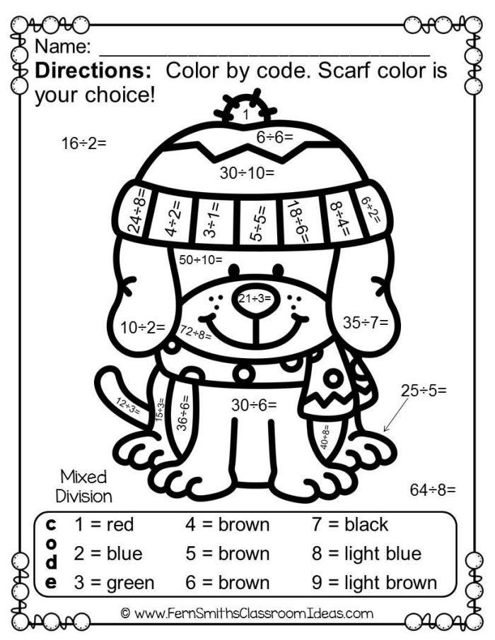 Third grade color by number division worksheet with basic division problems and coloring activity