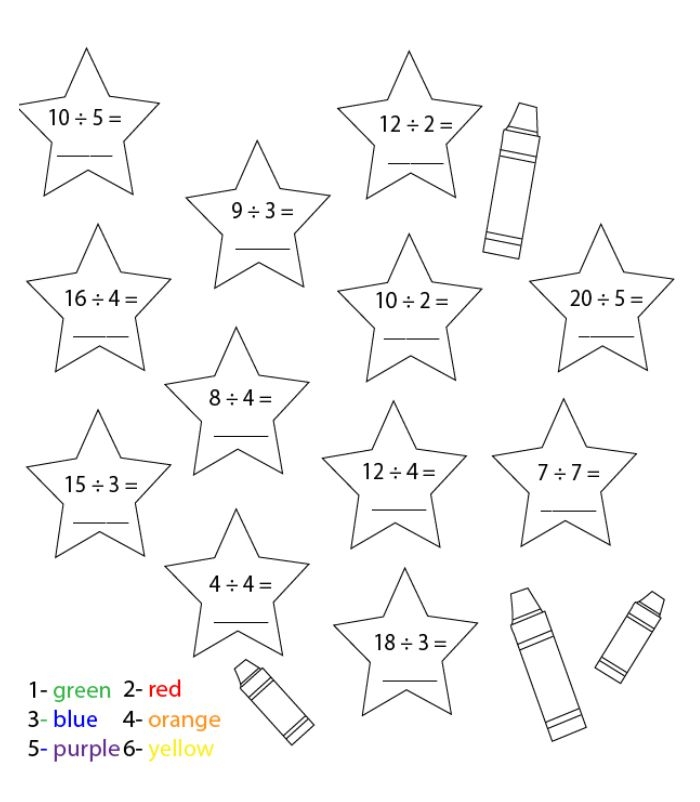 Third grade student solving division equations on a color by number math worksheet 19
