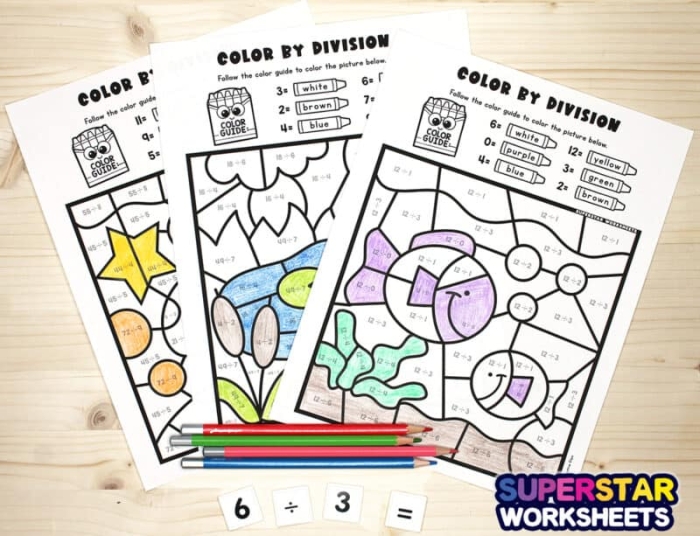 Color by number division worksheet showing third grade math problems with numbered sections ready to be colored in based on division answers