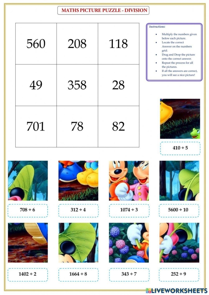 Third grade division puzzle worksheet featuring missing numbers for math practice