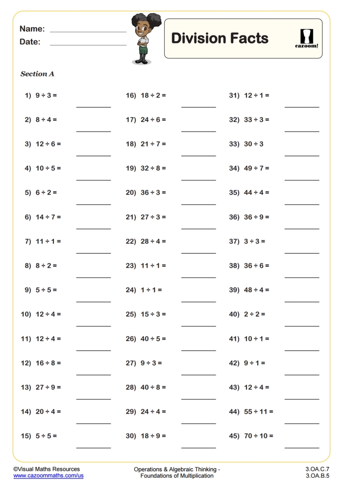 Third grade student completing a challenging division worksheet with two-digit divisors