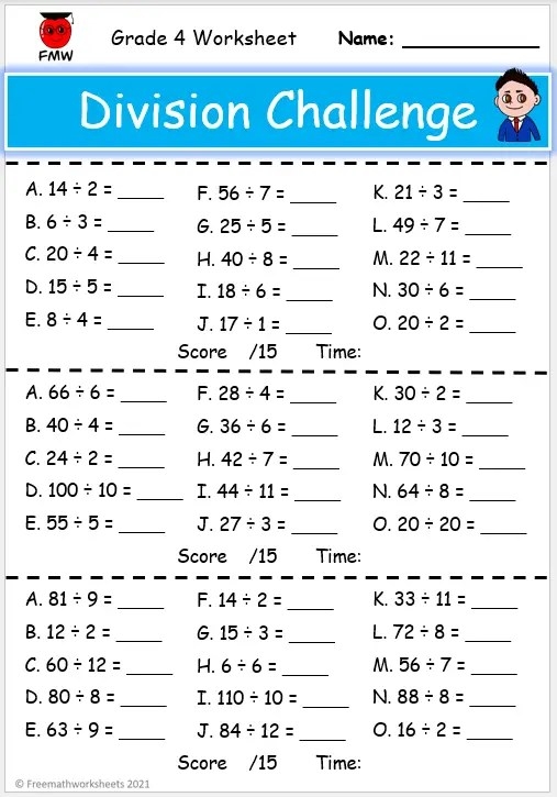 Division Challenge Level 2 worksheet for third graders featuring two-digit divisors and three-digit dividends
