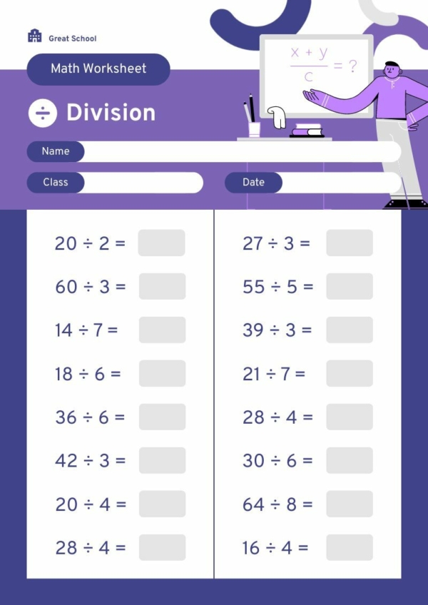 Third grade math worksheet featuring a division challenge with two-digit divisors and three-digit dividends