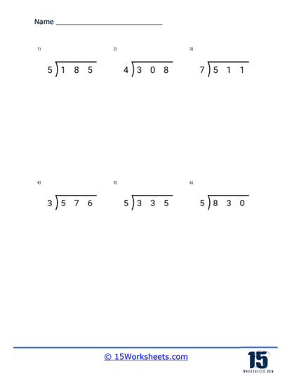 Division Challenge Level 1 worksheet featuring 20 division problems for third graders