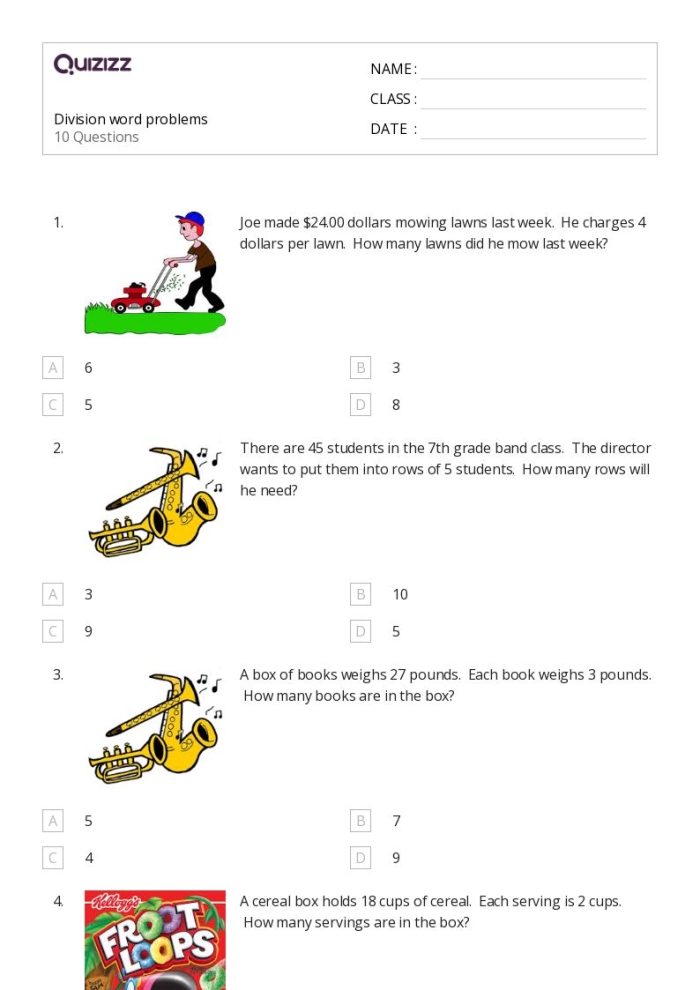 Students solving division word problems on a worksheet designed for third graders