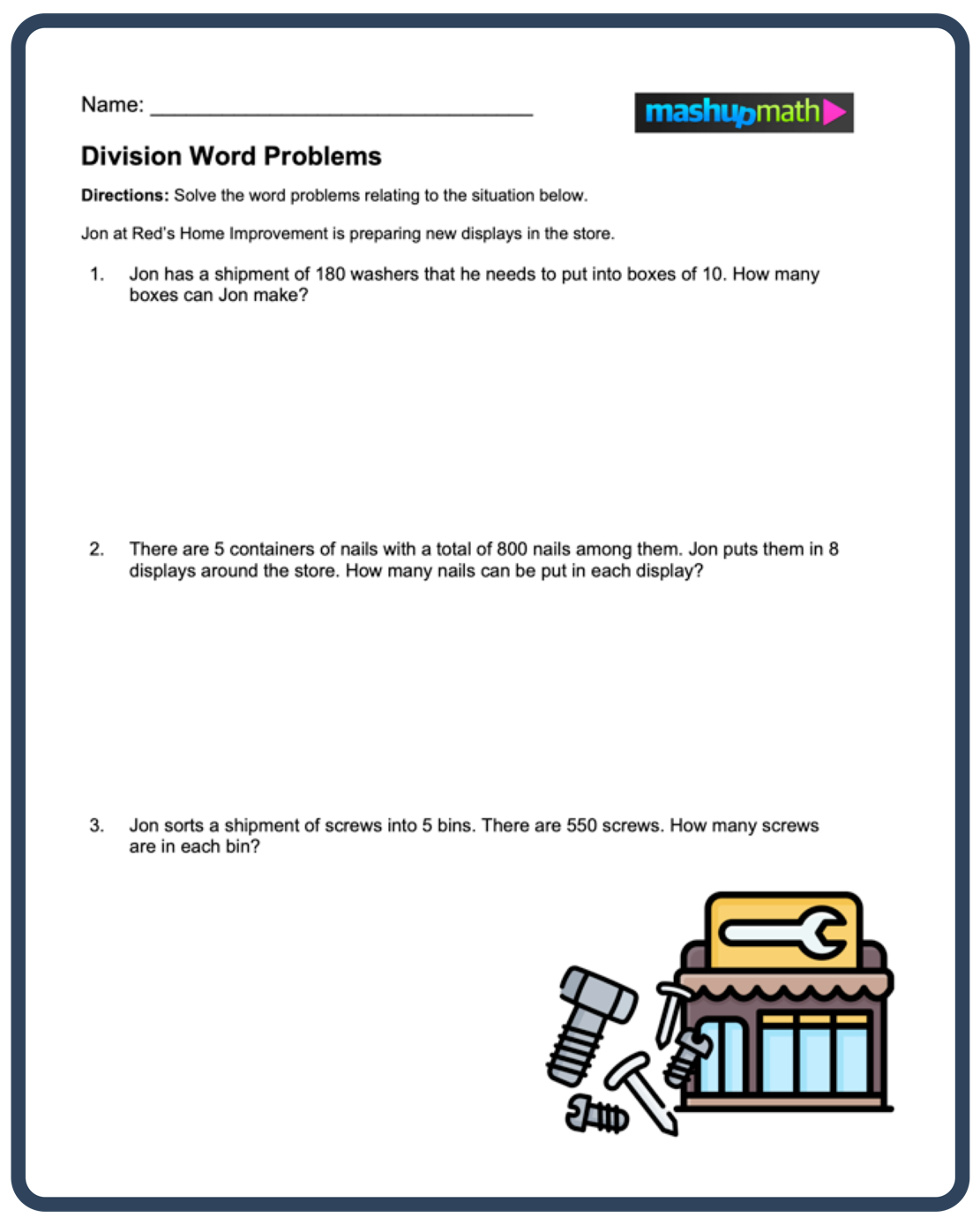 Third grade students work on division word problems from the Divide 'Em Up! worksheet