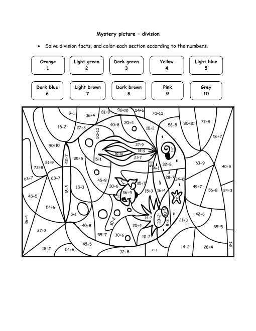 Third grade student solving division equations on a color by number math worksheet
