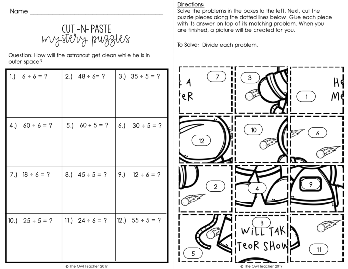 Third grade division puzzle worksheet with empty spaces for students to solve division problems using given numbers