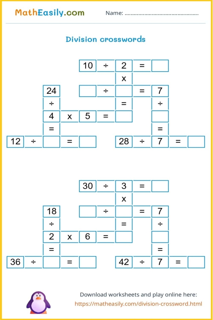 Third grade math worksheet featuring a division puzzle for practicing basic arithmetic with time and money 13