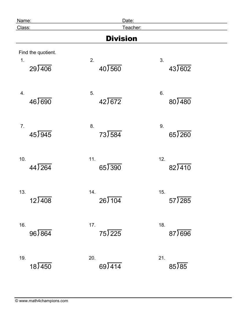 Third grade division puzzle worksheet with empty spaces for students to solve division problems using given numbers