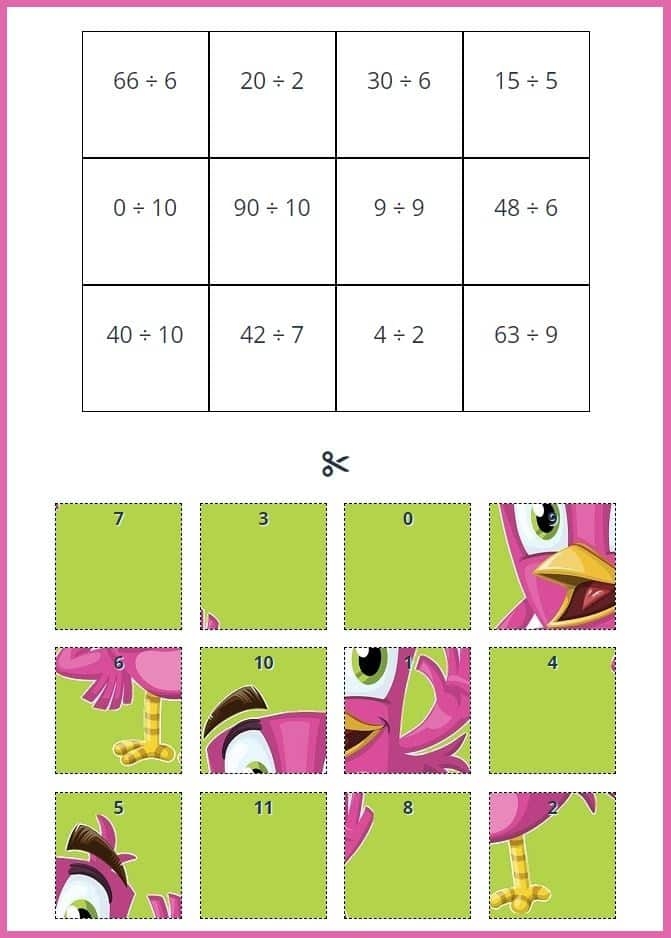 Third grade division puzzle worksheet with empty spaces for students to solve division problems using given numbers