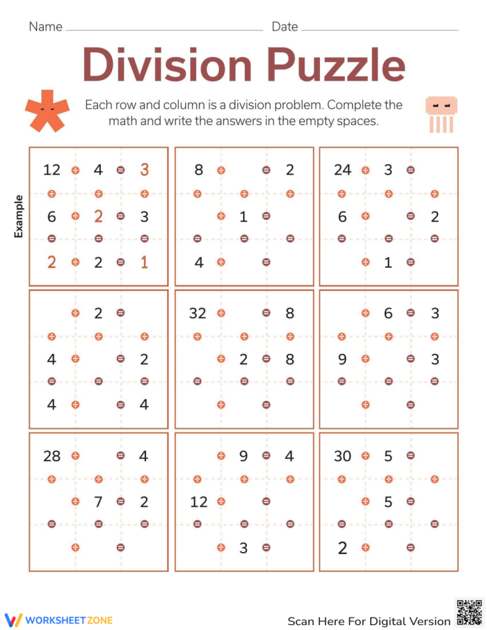 Third grade division puzzle worksheet with empty spaces for students to solve division problems using given numbers