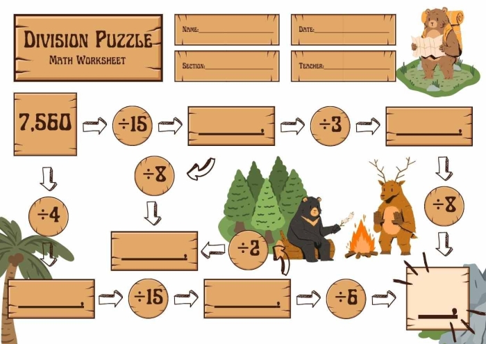 Third grade math worksheet featuring a division puzzle with empty boxes to practice basic operations