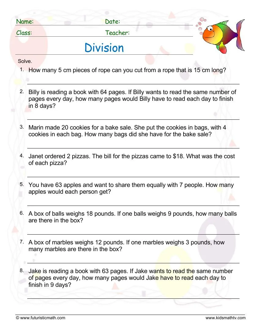 Third grade division puzzle worksheet with empty spaces for students to solve division problems using given numbers