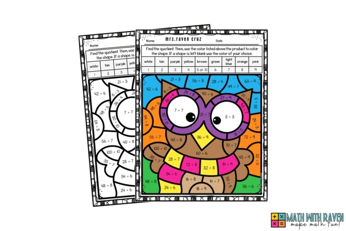 Third grade student working on a color by number division math worksheet