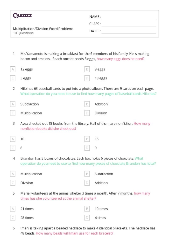 Third grade student solving division word problems on a geography themed math worksheet
