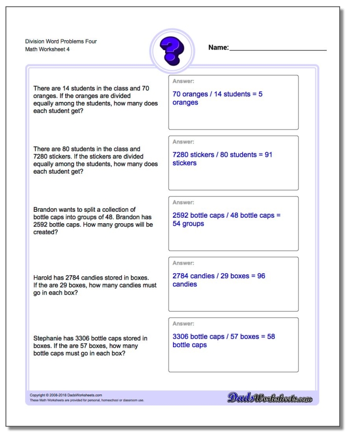 Division strategies practice worksheet with visual methods for solving word problems in elementary mathematics instruction Third grade division word problems worksheet showing four problem-solving strategies including arrays, equal groups, repeated subtraction, and multiplication sentences for image 10