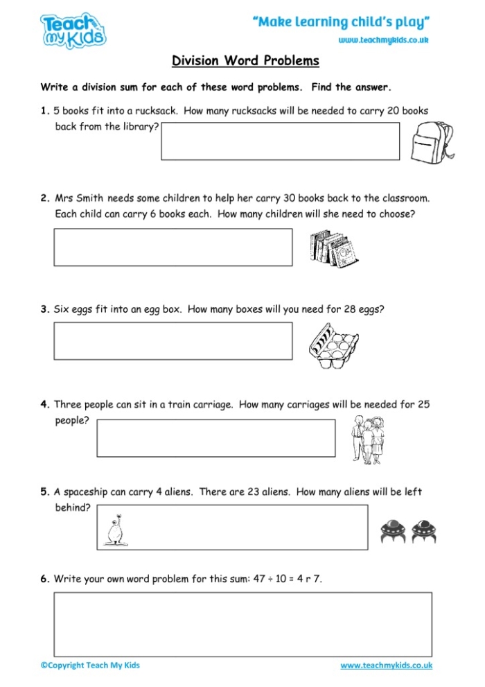 Third grade student using geography details to solve multidigit division word problems on worksheet number seven