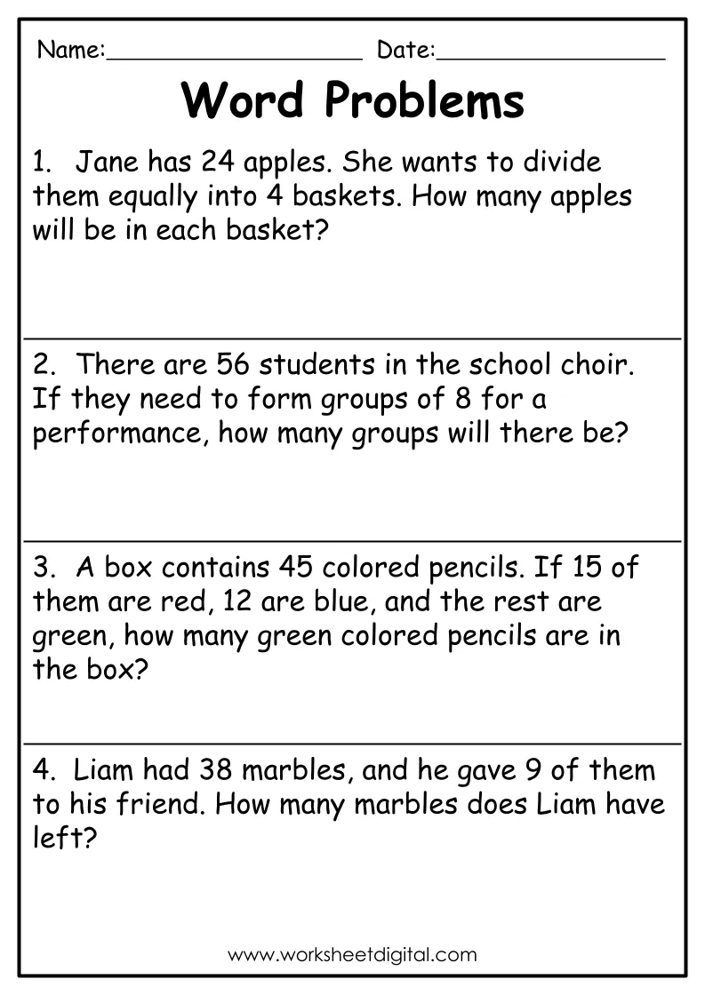 Third grade civics worksheet featuring division word problems with one digit divisors