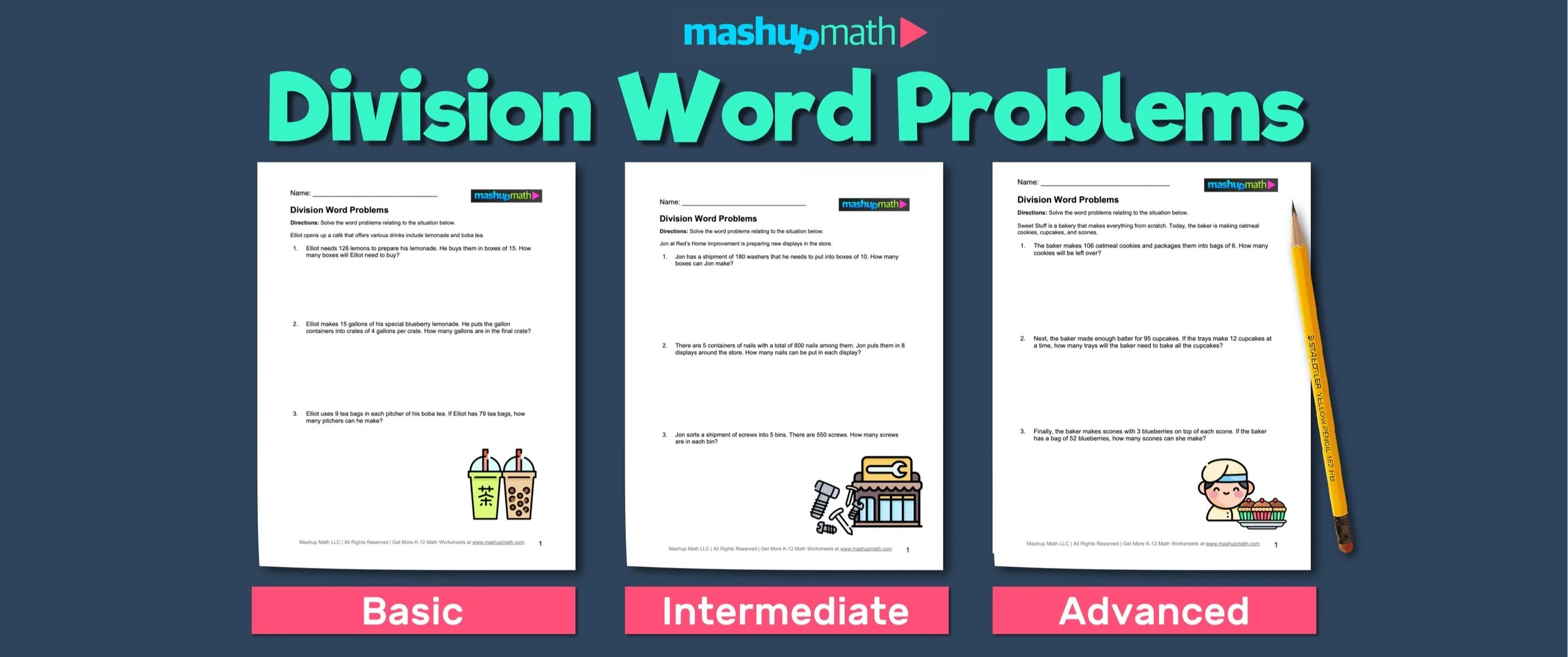 Division worksheet for third graders focusing on word problems with one-digit divisors