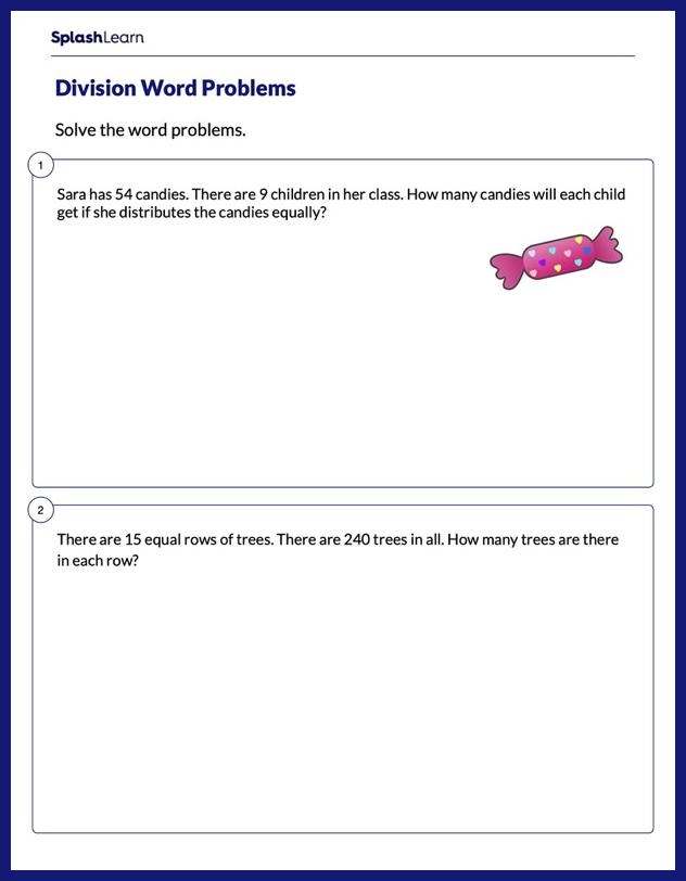 Third grade student working on a Division Word Problems: Divide Em Up! math worksheet featuring geography themes