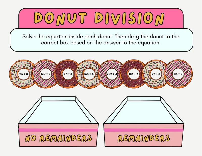 Third grade math worksheet featuring division problems with a donut theme for page 12