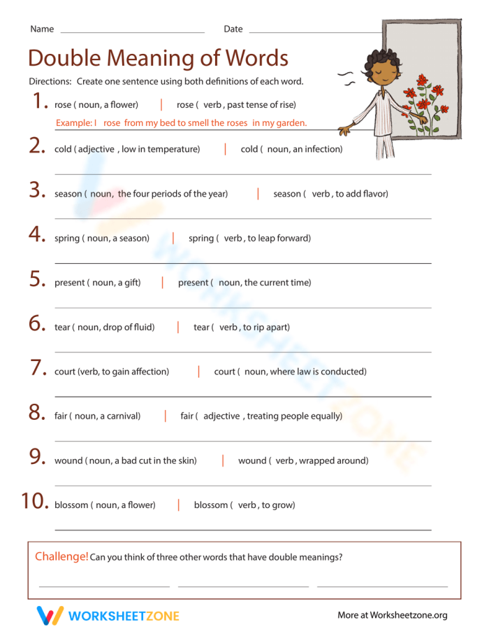 Creative sentences using homographs in the Double Meaning Words worksheet Worksheet for learning double meaning words with examples for third graders