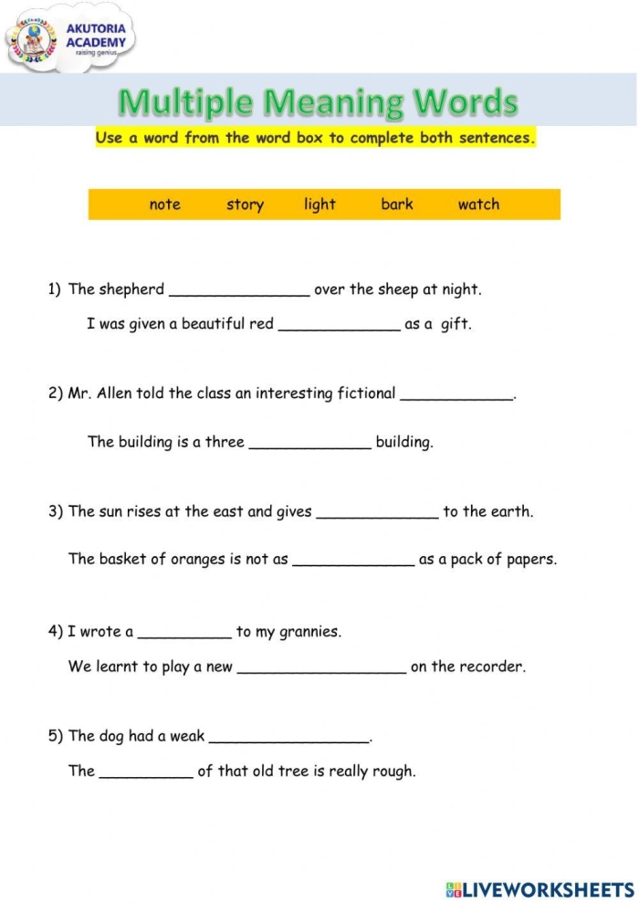 Creative double meaning words worksheet for grammar learning in third grade Worksheet for third graders exploring double meaning words through engaging activities