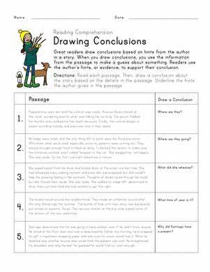 Reading for Comprehension Drawing Conclusions Practice Activity 12 Third grade geography worksheet showing six short reading passages with space for students to write conclusions based on context clues