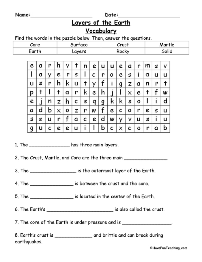 Earth science worksheet illustrating the layers of the Earth for third graders