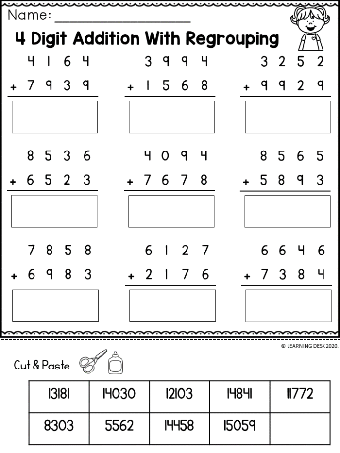 4-Digit Addition Easter Math Worksheet 14 Third grade Easter themed math worksheet featuring 4-digit addition problems for life science practice