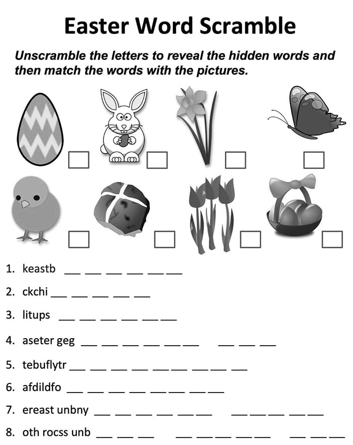 Easter Word Scramble worksheet for third grade grammar students featuring hidden holiday terms in eggs 18