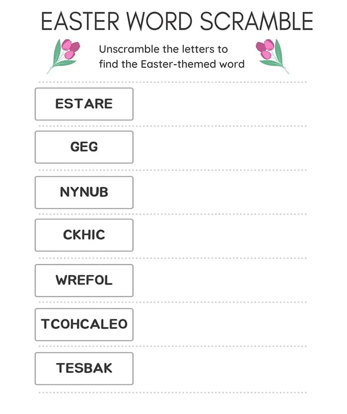 Third grade students solve an Easter Word Scramble worksheet featuring jumbled letters inside decorative eggs