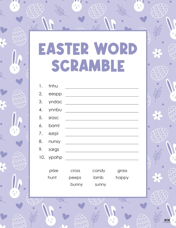 Easter Word Scramble worksheet featuring colorful eggs with scrambled letters for students to solve