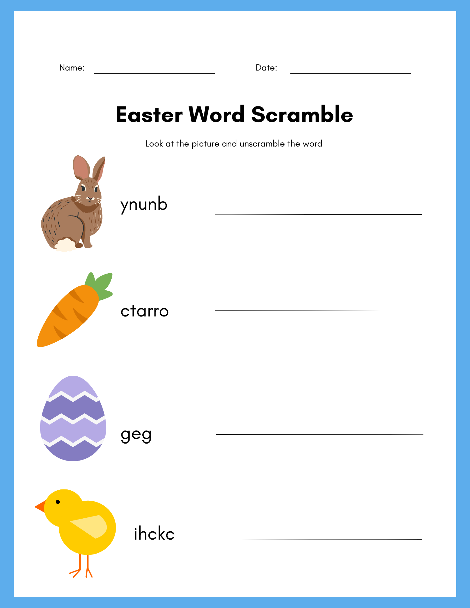 Easter Word Scramble worksheet featuring colorful eggs with scrambled letters for third graders