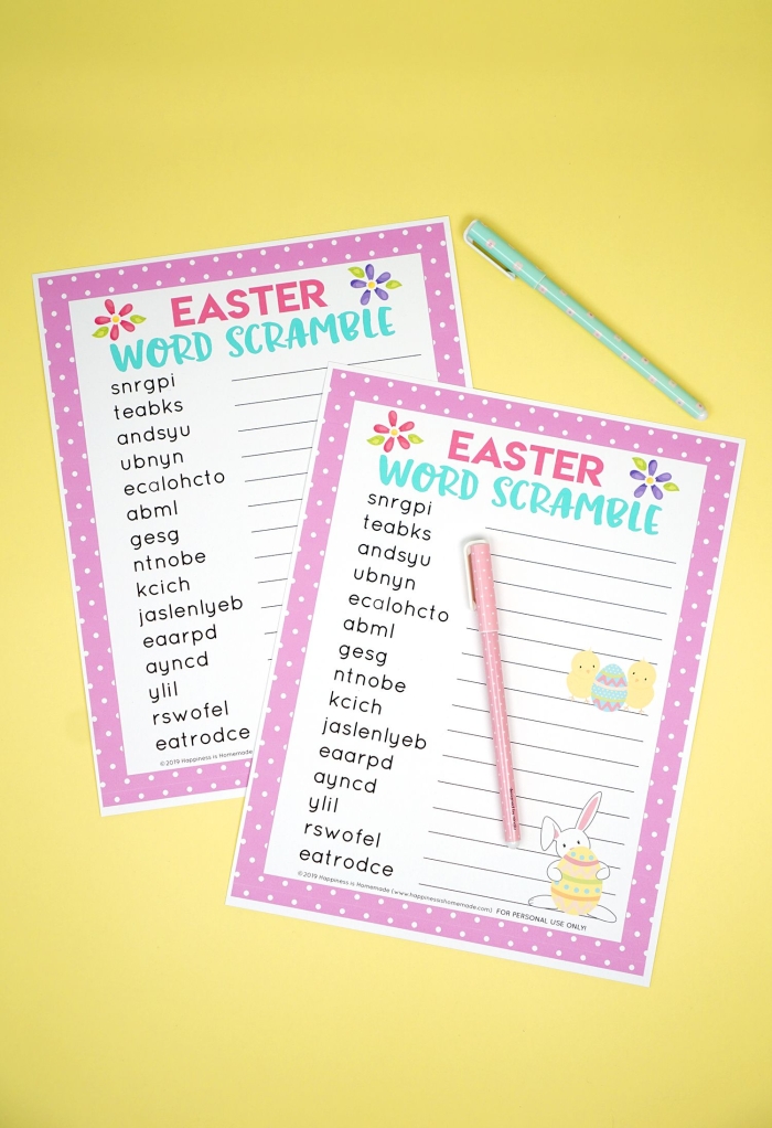 Third grade students solving an Easter word scramble worksheet with hidden holiday terms