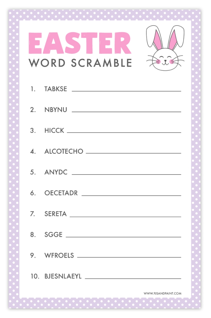 Third grade Easter Word Scramble worksheet featuring hidden holiday terms inside decorative eggs for grammar practice