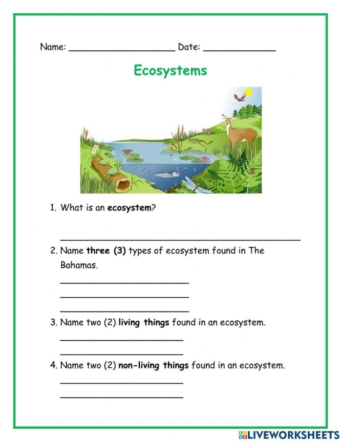 Life Science crossword puzzle focusing on ecosystems for third graders