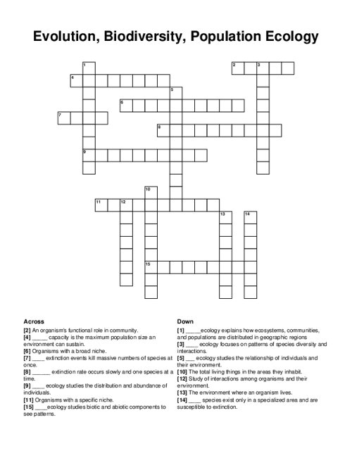 Life science crossword puzzle focusing on ecosystems for third graders