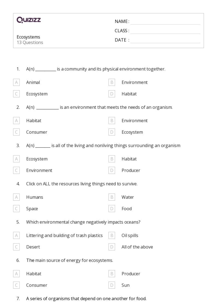 A third-grade student solving a life science crossword puzzle focused on ecosystems