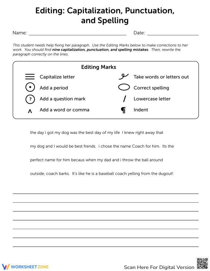 Reading worksheet for Third Grade Editing worksheet focused on capitalization, punctuation, and spelling for third graders. Practice resource for improving editing skills in reading.