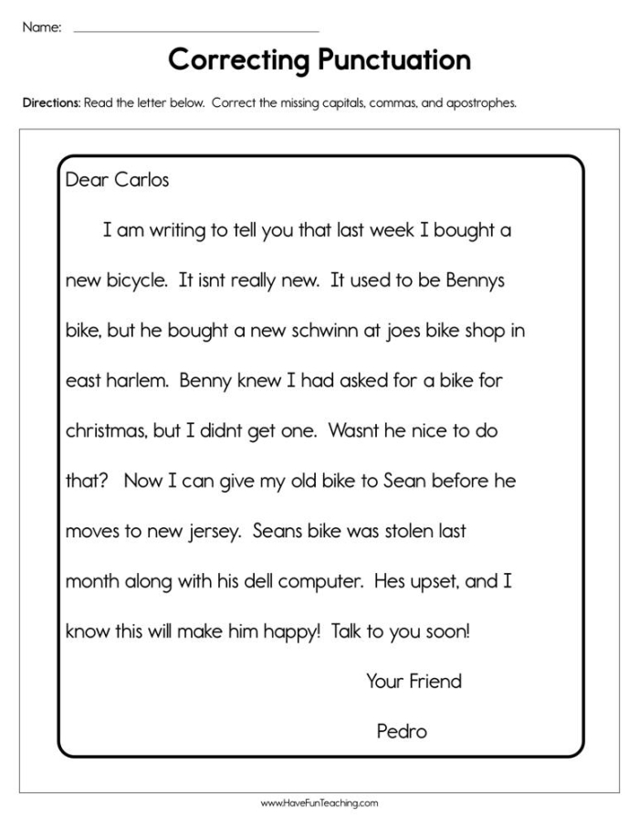 Third grade editing practice sheet for capitalization, punctuation, and spelling skills Editing worksheet focusing on capitalization, punctuation, and spelling for third graders