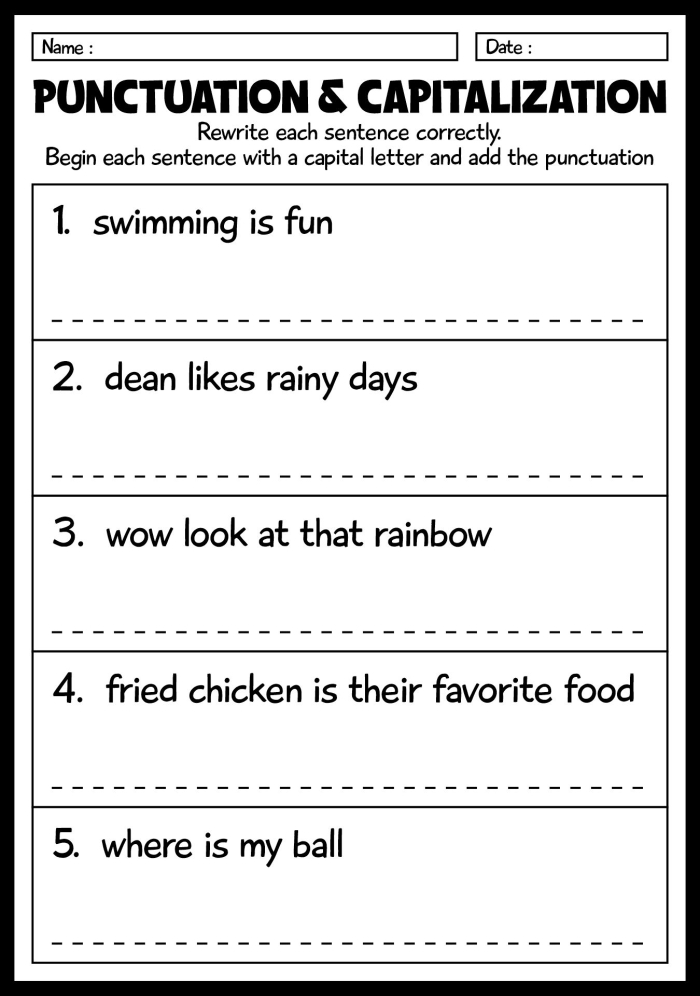 Resource for practicing editing techniques in language arts for third graders Third grade worksheet for editing capitalization, punctuation, and spelling skills