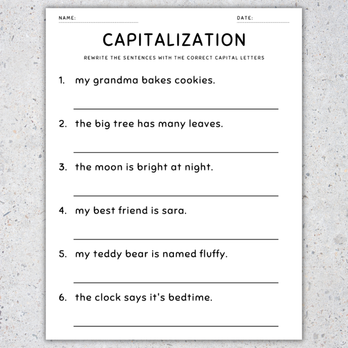 Worksheet image for practicing editing skills in reading for grade three Editing worksheet focusing on capitalization, punctuation, and spelling for third graders