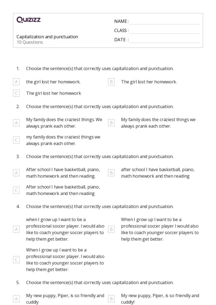 Editing: Capitalization, Punctuation, and Spelling practice worksheet for grade 3 Worksheet for practicing capitalization, punctuation, and spelling skills for third graders